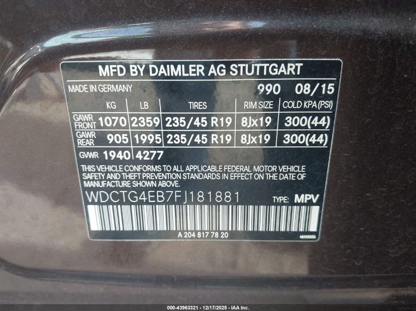 2015 Mercedes-Benz Gla 250 VIN: WDCTG4EB7FJ181881 Lot: 43963321