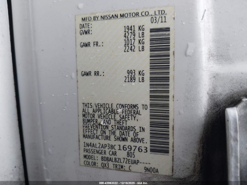 2011 Nissan Altima 2.5 S VIN: 1N4AL2AP3BC169763 Lot: 43963322