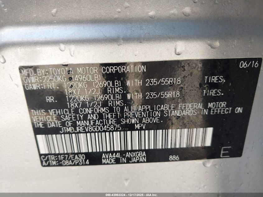 2016 Toyota Rav4 Hybrid Limited VIN: JTMDJREV8GD045875 Lot: 43963324
