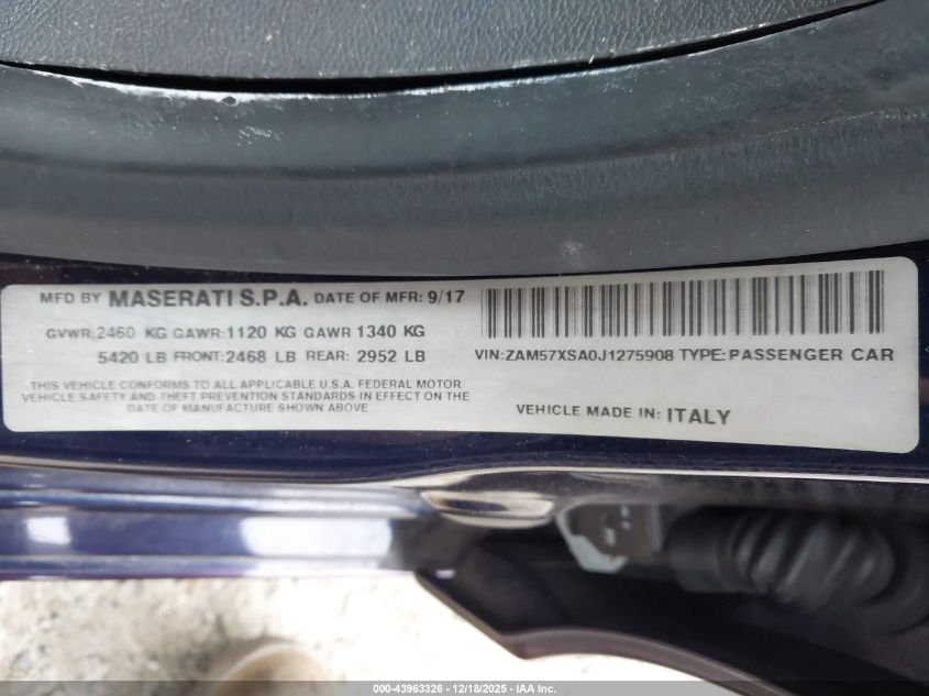 2018 Maserati Ghibli VIN: ZAM57XSA0J1275908 Lot: 43963326