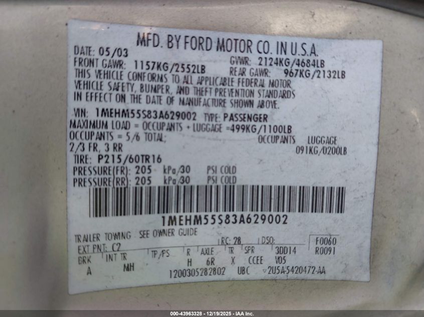 2003 Mercury Sable Ls Premium VIN: 1MEHM55S83A629002 Lot: 43963328