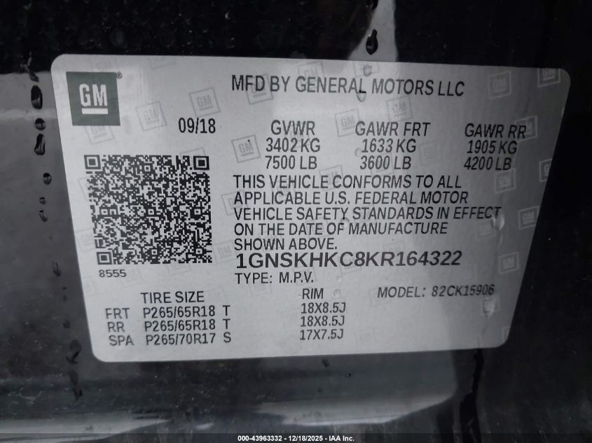 2019 Chevrolet Suburban Lt VIN: 1GNSKHKC8KR164322 Lot: 43963332