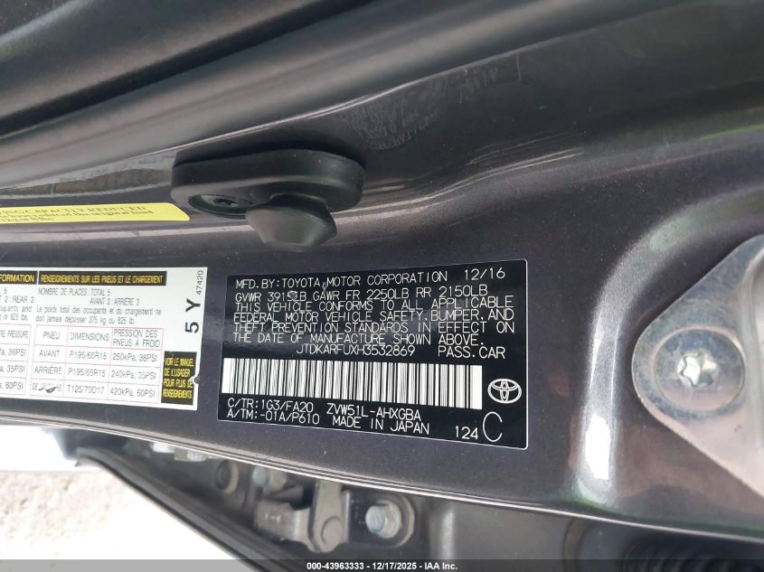 2017 Toyota Prius Three VIN: JTDKARFUXH3532869 Lot: 43963333