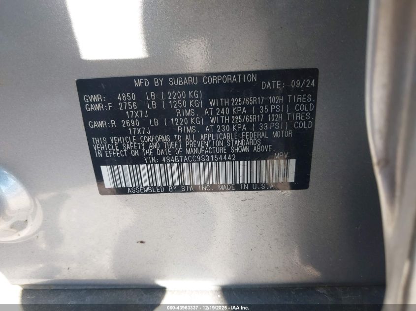 2025 Subaru Outback Premium VIN: 4S4BTACC9S3154442 Lot: 43963337