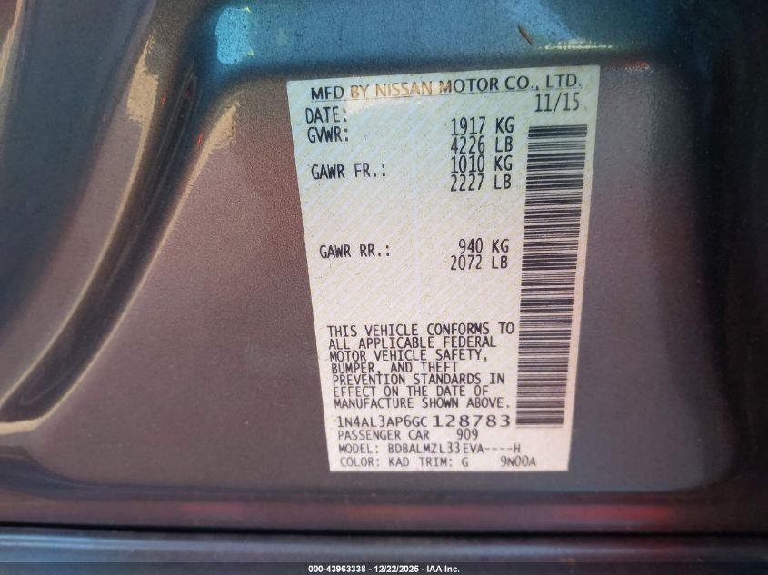 2016 Nissan Altima 2.5 Sv VIN: 1N4AL3AP6GC128783 Lot: 43963338