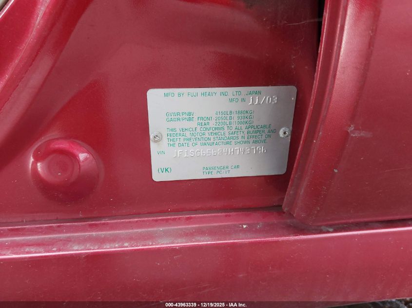 2004 Subaru Forester 2.5Xs VIN: JF1SG65684H743796 Lot: 43963339