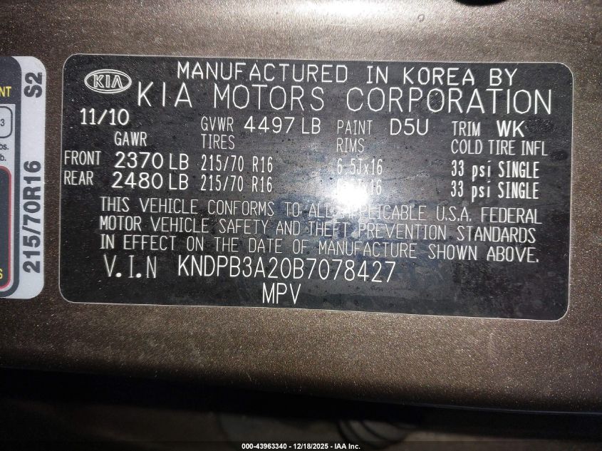 2011 Kia Sportage Lx VIN: KNDPB3A20B7078427 Lot: 43963340