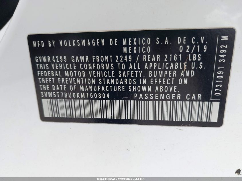 2019 Volkswagen Jetta Gli 2.0T 35Th Anniversary Edition/2.0T Autobahn/2.0T S VIN: 3VW5T7BU0KM160804 Lot: 43963341