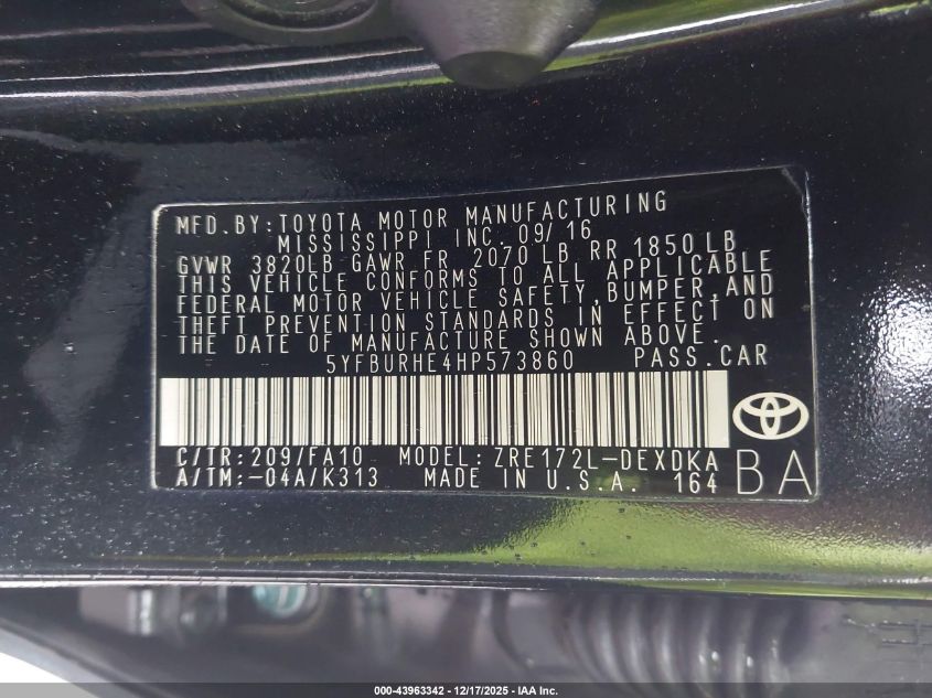 2017 Toyota Corolla L VIN: 5YFBURHE4HP573860 Lot: 43963342