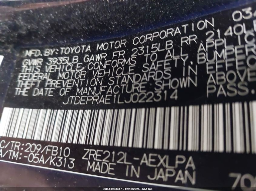 2020 Toyota Corolla Le VIN: JTDEPRAE1LJ022314 Lot: 43963347