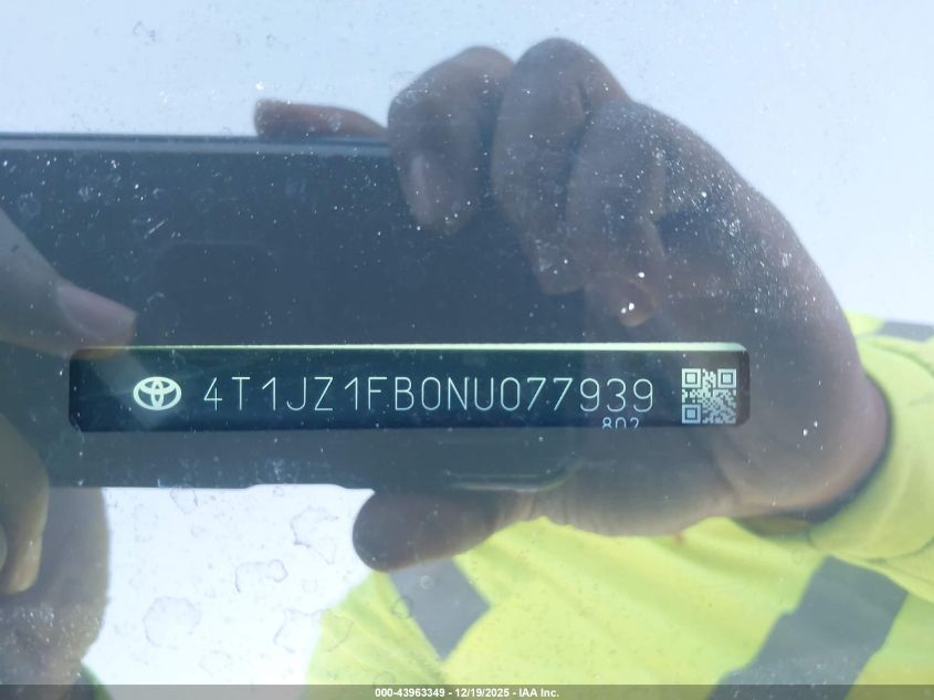 2022 Toyota Avalon Xle VIN: 4T1JZ1FB0NU077939 Lot: 43963349