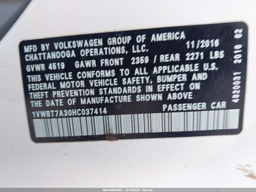 2017 Volkswagen Passat 1.8T Se VIN: 1VWBT7A30HC037414 Lot: 43963352