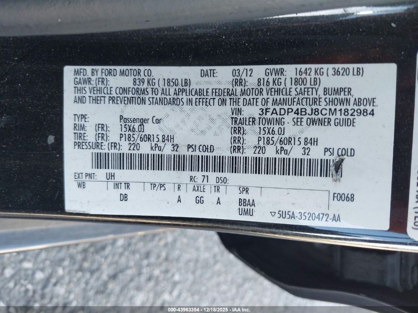 2012 Ford Fiesta Se VIN: 3FADP4BJ8CM182984 Lot: 43963354