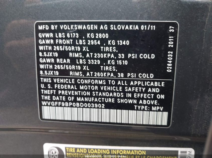 2011 Volkswagen Touareg Vr6 Lux VIN: WVGFF9BP0BD003902 Lot: 43963355