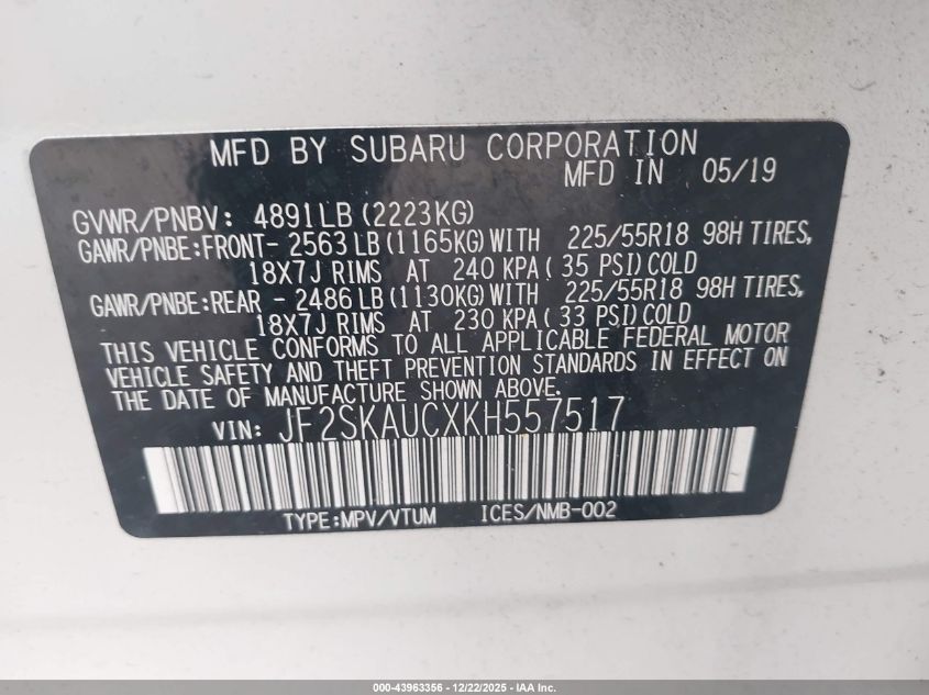 2019 Subaru Forester Limited VIN: JF2SKAUCXKH557517 Lot: 43963356