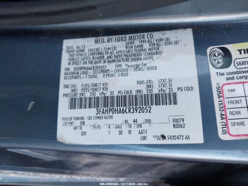 2012 Ford Fusion Se VIN: 3FAHP0HA6CR392052 Lot: 43963362