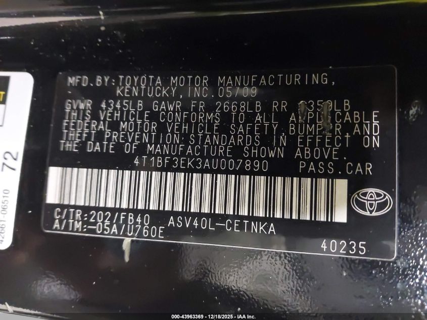 2010 Toyota Camry Le VIN: 4T1BF3EK3AU007890 Lot: 43963369