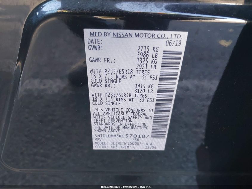 2019 Infiniti Qx60 Luxe VIN: 5N1DL0MM3KC570187 Lot: 43963370