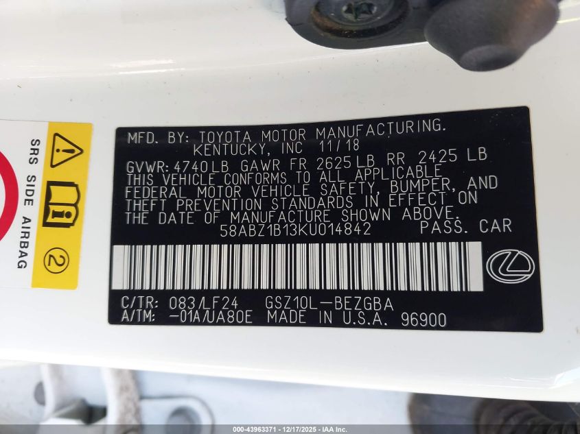 2019 Lexus Es 350 F Sport VIN: 58ABZ1B13KU014842 Lot: 43963371