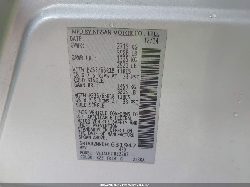 2015 Nissan Pathfinder Platinum/S/Sl/Sv VIN: 5N1AR2MN6FC631947 Lot: 43963373