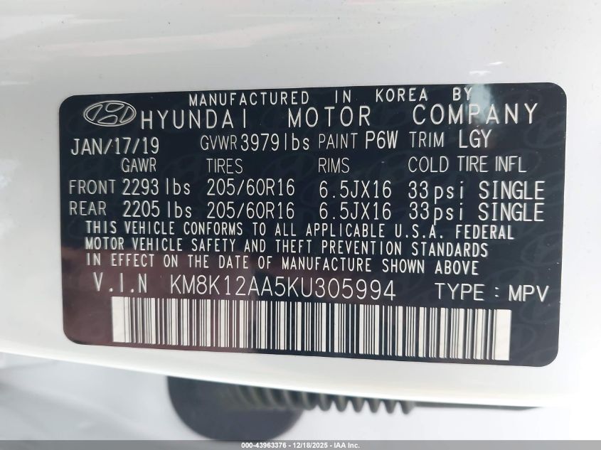 2019 Hyundai Kona Se VIN: KM8K12AA5KU305994 Lot: 43963376