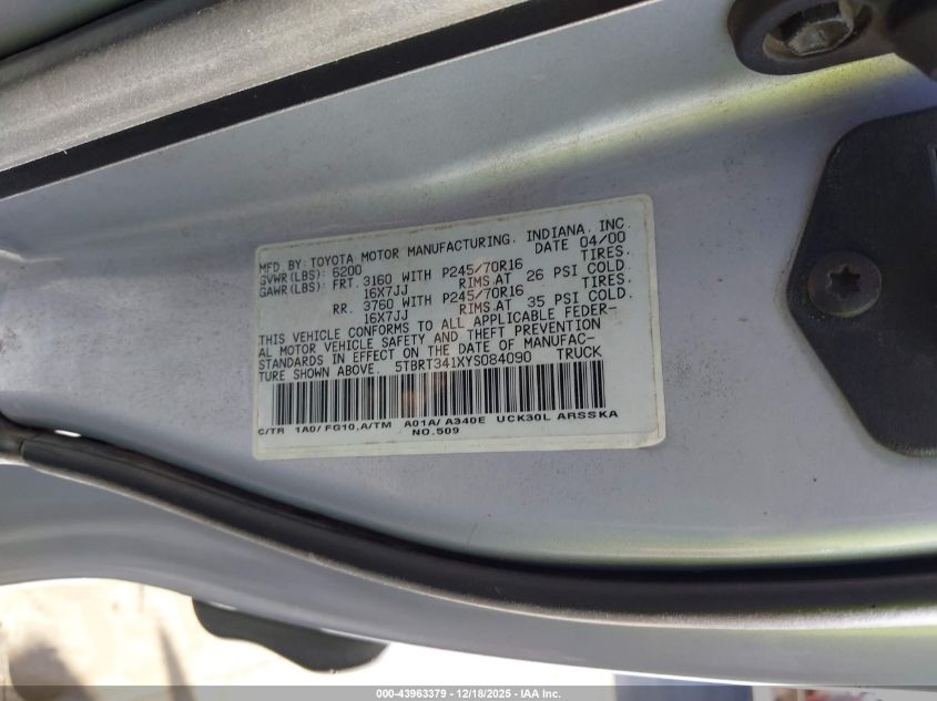 2000 Toyota Tundra Sr5 V8 VIN: 5TBRT341XYS084090 Lot: 43963379