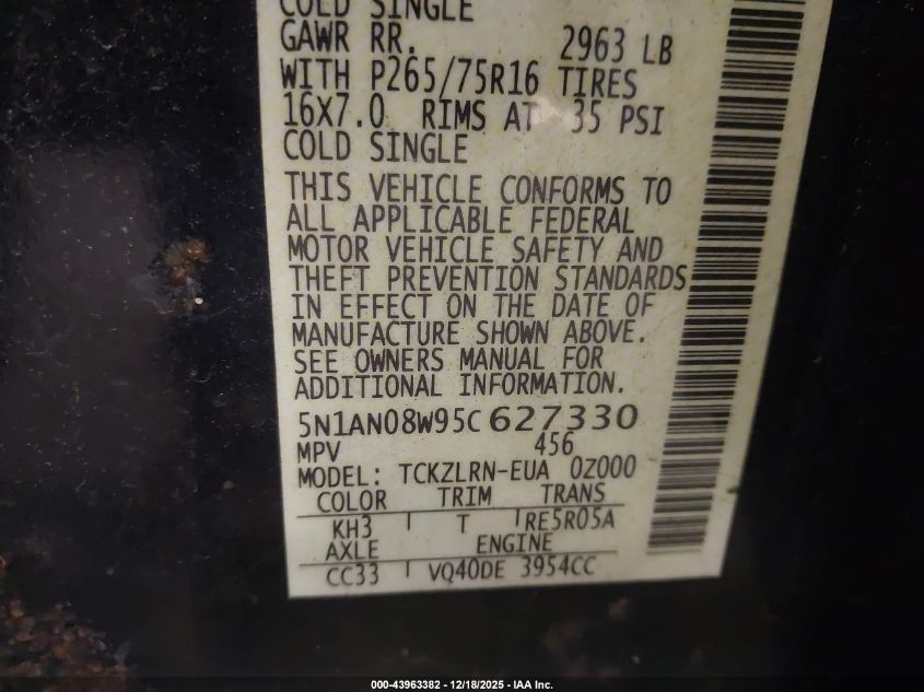 2005 Nissan Xterra Off Road/S/Se VIN: 5N1AN08W95C627330 Lot: 43963382