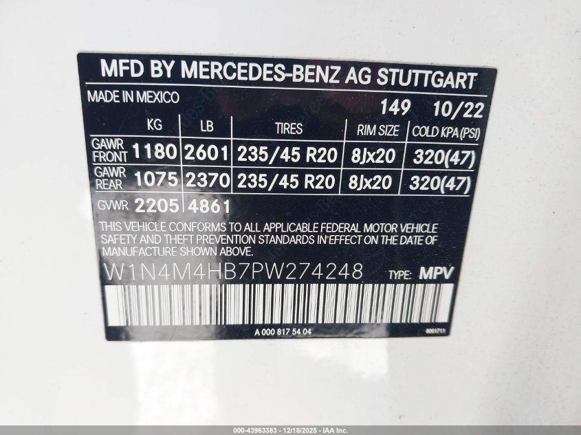 2023 Mercedes-Benz Glb 250 4Matic VIN: W1N4M4HB7PW274248 Lot: 43963383