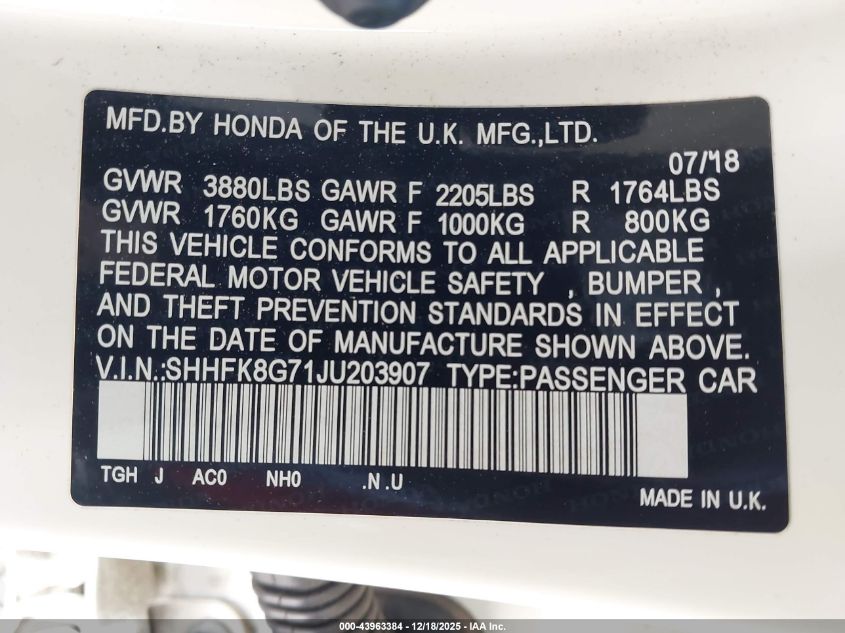 2018 Honda Civic Type R Touring VIN: SHHFK8G71JU203907 Lot: 43963384