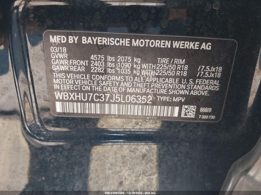 2018 BMW X1 Sdrive28I VIN: WBXHU7C37J5L06352 Lot: 43963385