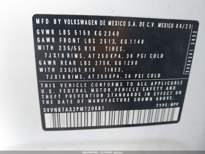2023 Volkswagen Tiguan 2.0T Se VIN: 3VVNB7AX2PM120881 Lot: 43963389