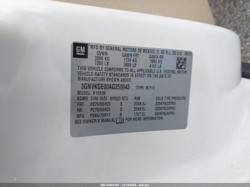 2010 Chevrolet Avalanche 1500 Ltz VIN: 3GNVKGE00AG250943 Lot: 43963392