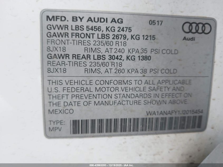 2018 Audi Q5 2.0T Premium VIN: WA1ANAFY1J2015454 Lot: 43963393