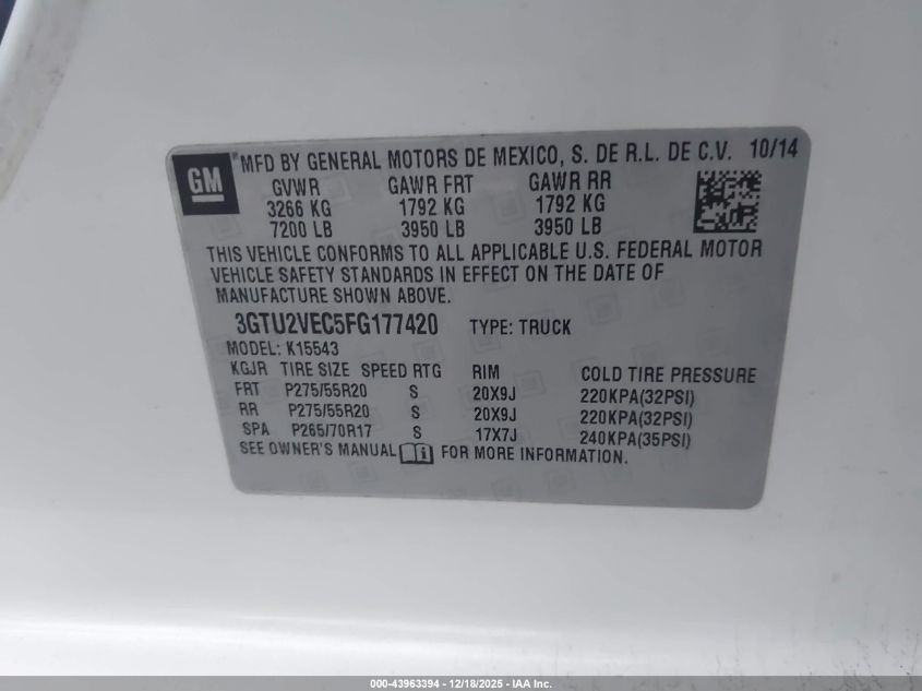 2015 GMC Sierra 1500 Slt VIN: 3GTU2VEC5FG177420 Lot: 43963394