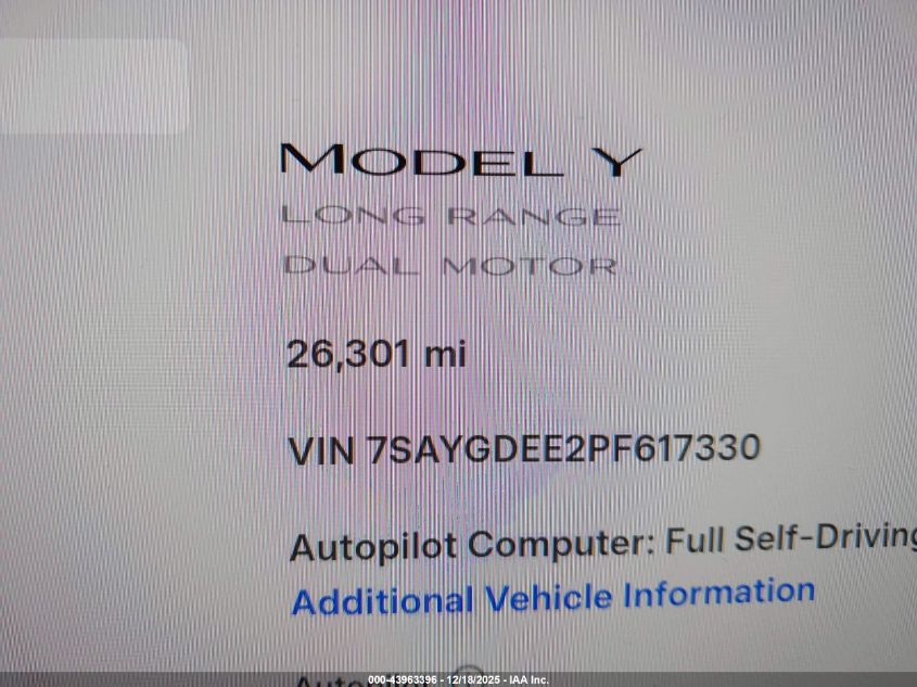 2023 Tesla Model Y Awd/Long Range Dual Motor All-Wheel Drive VIN: 7SAYGDEE2PF617330 Lot: 43963396