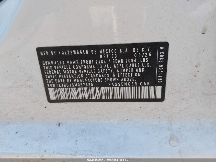 2025 Volkswagen Jetta 1.5T Se VIN: 3VW7X7BU1SM057680 Lot: 43963397