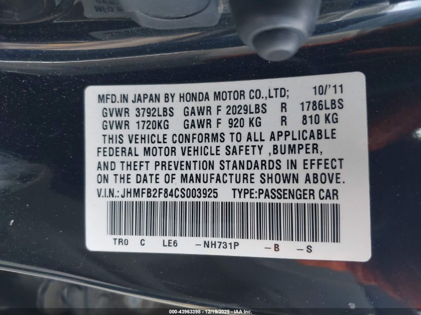 2012 Honda Civic Ex VIN: JHMFB2F84CS003925 Lot: 43963398