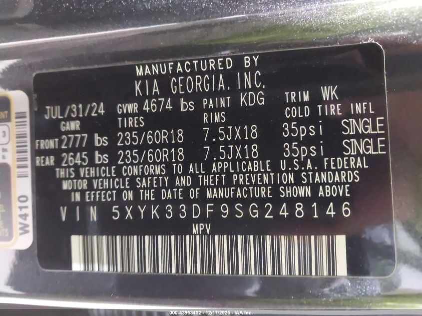 2025 Kia Sportage Ex VIN: 5XYK33DF9SG248146 Lot: 43963402