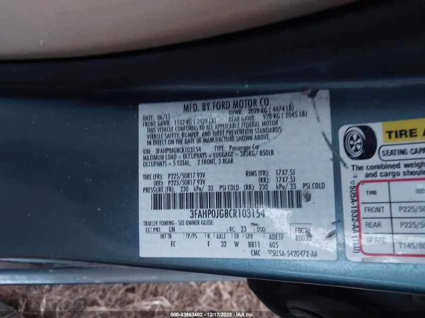 2012 Ford Fusion Sel VIN: 3FAHP0JG8CR103154 Lot: 43963403