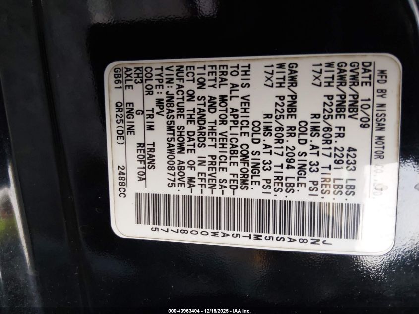 2010 Nissan Rogue S Krom Edition VIN: JN8AS5MT5AW008775 Lot: 43963404