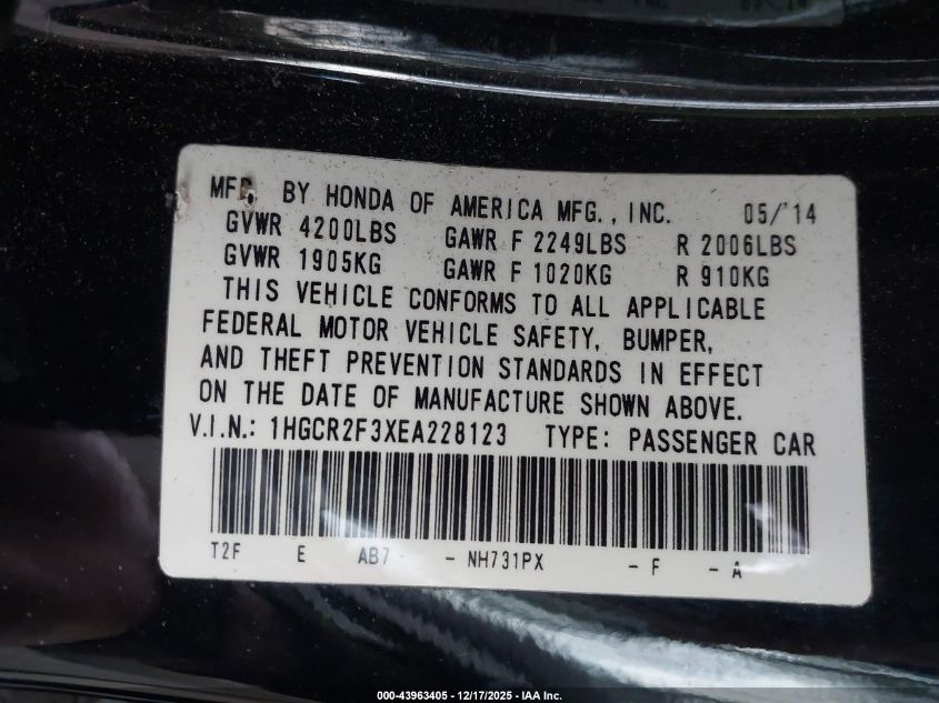 2014 Honda Accord Lx VIN: 1HGCR2F3XEA228123 Lot: 43963405