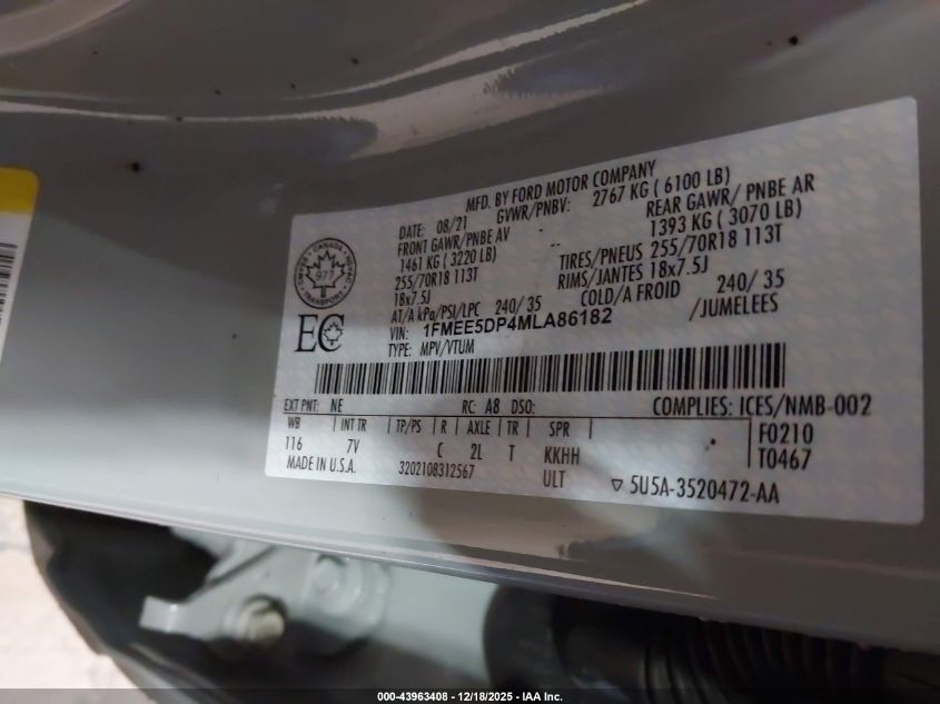 2021 Ford Bronco Outer Banks VIN: 1FMEE5DP4MLA86182 Lot: 43963408