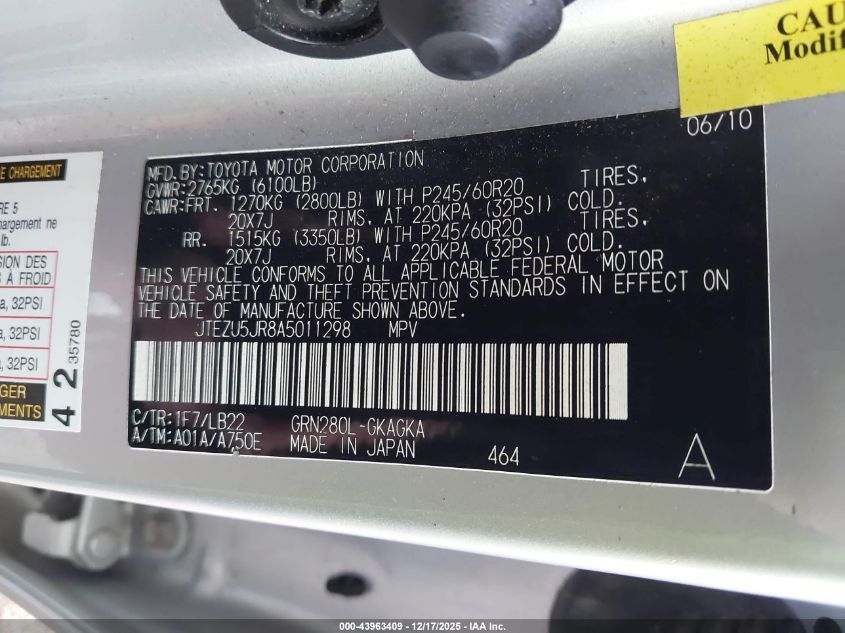 2010 Toyota 4Runner Limited V6 VIN: JTEZU5JR8A5011298 Lot: 43963409