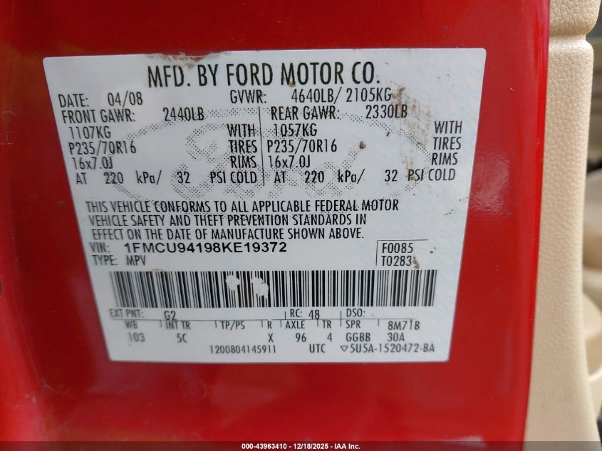 2008 Ford Escape Limited VIN: 1FMCU94198KE19372 Lot: 43963410