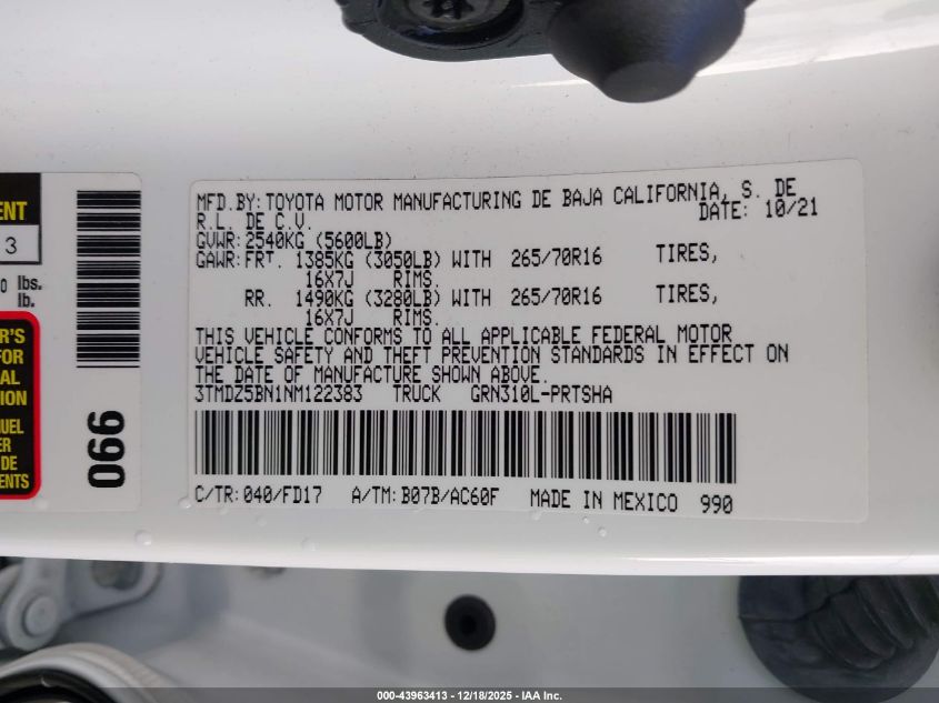 2022 Toyota Tacoma Trd Off Road VIN: 3TMDZ5BN1NM122383 Lot: 43963413