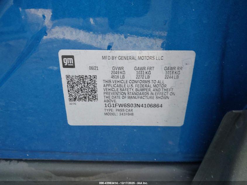 2022 Chevrolet Bolt Ev Fwd 1Lt VIN: 1G1FW6S03N4106864 Lot: 43963414