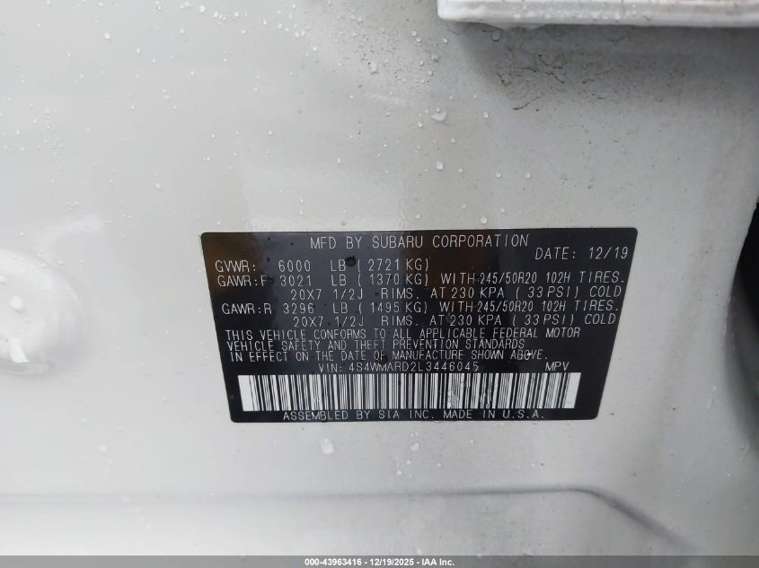 2020 Subaru Ascent Touring VIN: 4S4WMARD2L3446045 Lot: 43963416