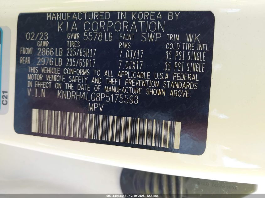 2023 Kia Sorento Hybrid Ex VIN: KNDRH4LG8P5175593 Lot: 43963418