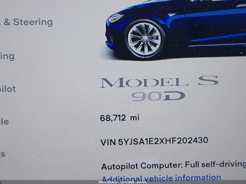 2017 Tesla Model S 100D/60D/75D/90D/P100D VIN: 5YJSA1E2XHF202430 Lot: 43963422