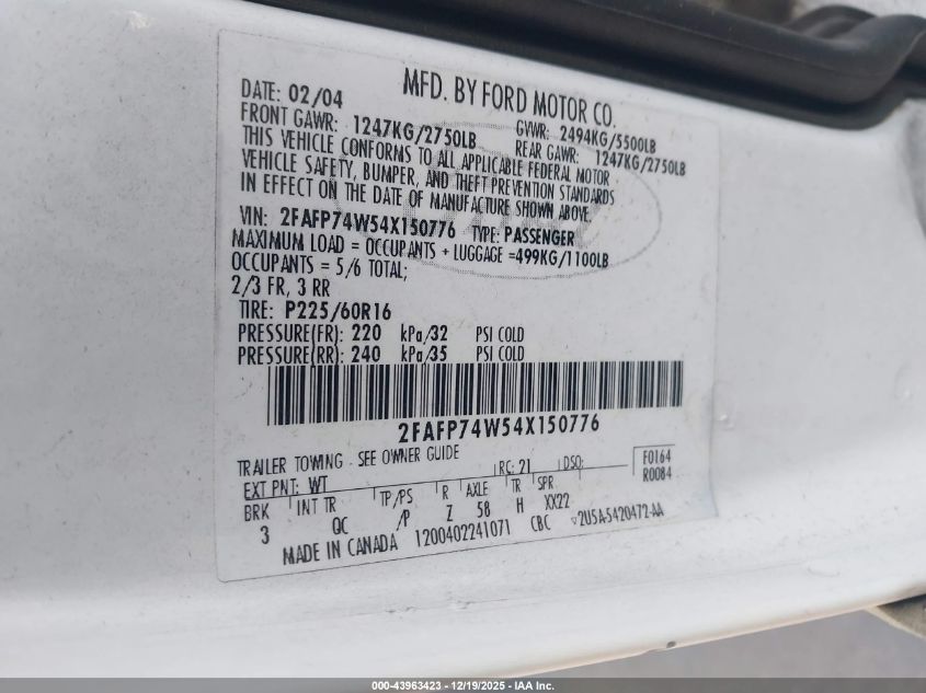 2004 Ford Crown Victoria Lx VIN: 2FAFP74W54X150776 Lot: 43963423